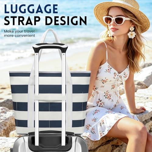 Image of Large Canvas Tote Bag for Women, Beach Bag with Zipper, Utility Tote Bag with 3 Front Pockets, Weekender Pool Bag