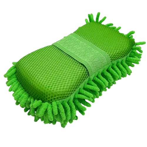 Sbulhia Microfiber Car Wash Sponge, Scratch-Free Vehicle Washing Mitt with Chenille & Mesh Sides, Highly Absorbent Sponge Lint-Free Cleaning Tool for Car Washing & Detailing (Green)