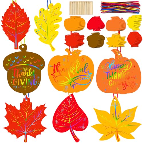 Eternity sky 64 Sets Fall Thanksgiving Crafts Colorful Leaves Pumpkin Scratch Art, Autumn Magic DIY Kit Classroom Activities Party Favors