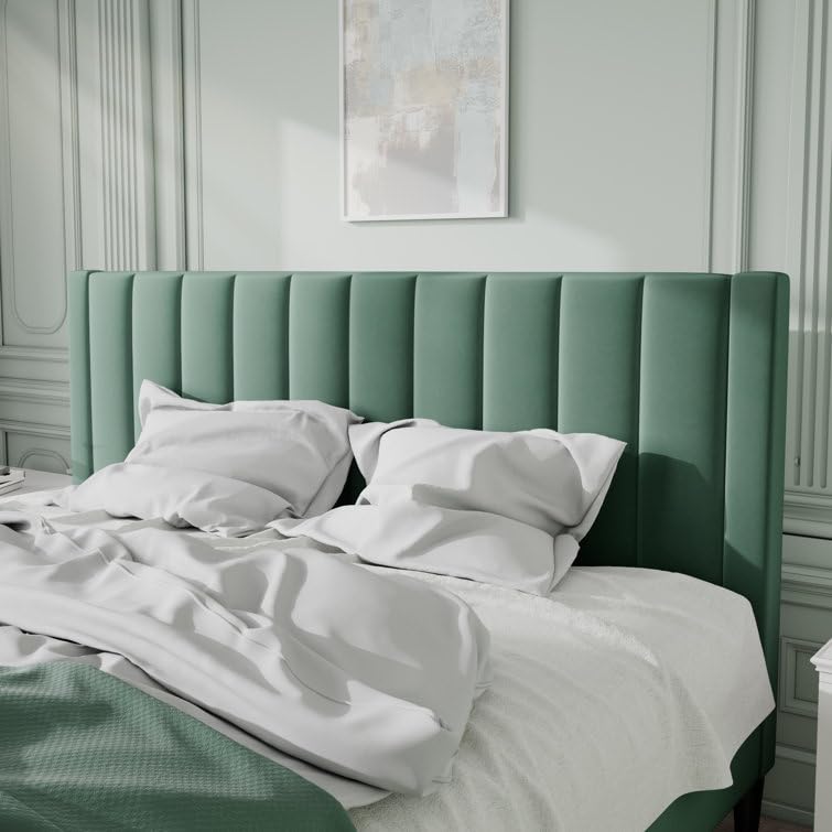 Image of HITHOS Modern Upholstered King Size Bed with Wingback Headboard | Wooden Double Bed Cot Palang Without Storage for Living Room Home Bedroom (Green) 1 Year Warranty
