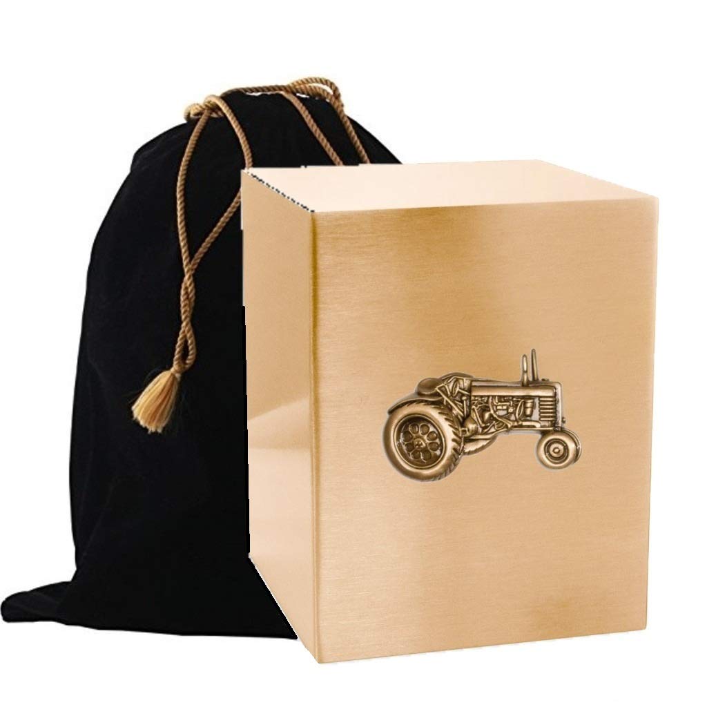 Touch4me Custom Gold Applique Cremation Box- Adult Cremation Box - Handcrafted Funeral Urn/Box for Ashes - Metal Cremation Box- Great Deal Free Bag (Tractor)