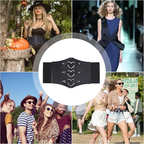 GLOBLELAND Women Corset Belt PU Leather Wide Elastic Corset Belt Waspie Corset Belts Stretchy Waist Cinch Trimmer Belt with Heart Alloy Findings for Daily Cosplay Women Lady, Standard, Black3