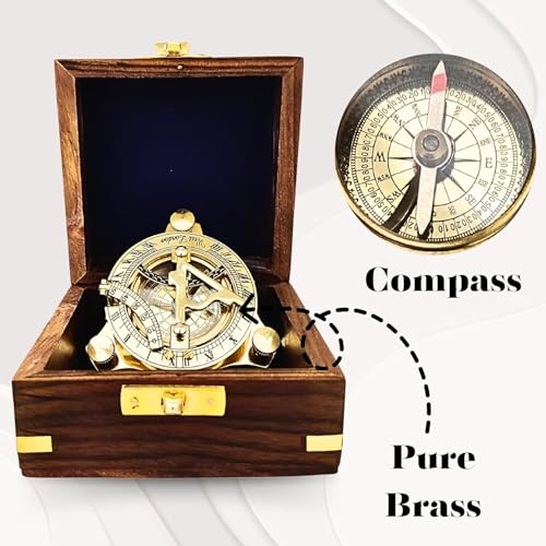 Brújula de bolsillo con reloj de sol de latón y caja de madera miniatura 3
