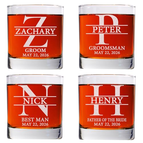 Set Of 4, Personalized Whiskey Glass For Groomsman Gifts, Best Man, Groom, 11oz Old Fashioned Custom Monogrammed Whiskey Glass