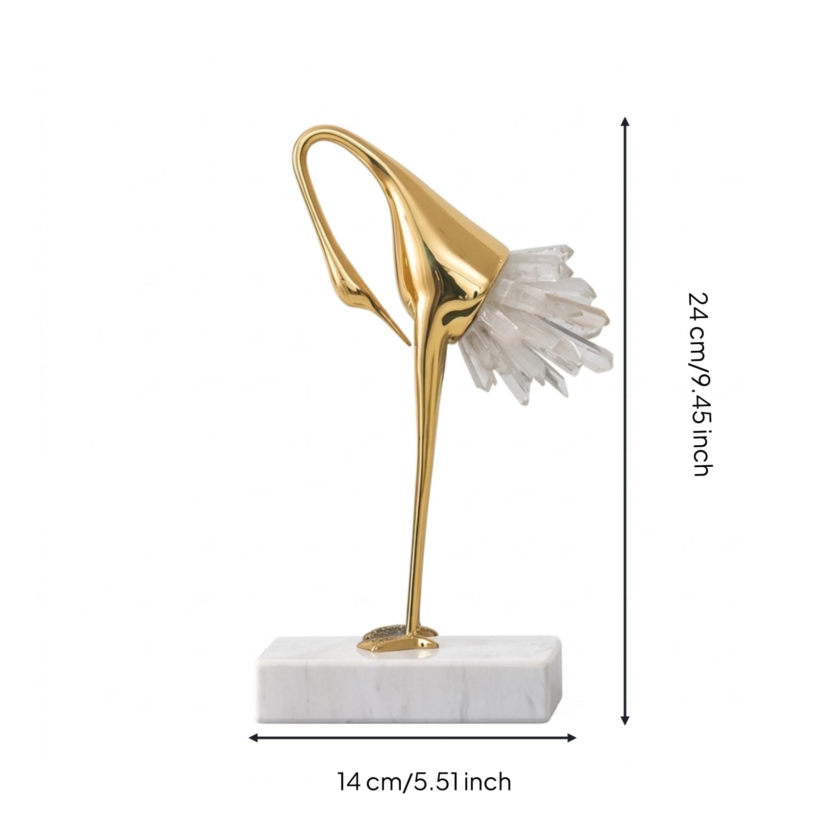 F Fityle Escultura Decorativa Estatua Figura Adorno con Texturas de Lujo en Cobre y Cristal Base de Mármol Antideslizante Brillo, Blanco, Grulla Inclinada Central