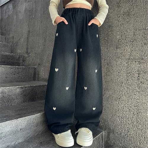 Girls Embroidered Heart Baggy Jeans Wide Leg High Waisted Kids Cute Denim Pants Elastic Waist Aesthetic Vintage2