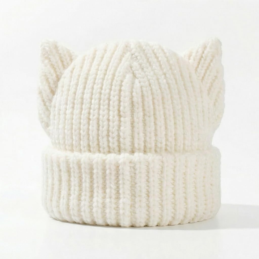 Cat Ear Beanie Y2K Cute Knit Hat with Ears Warm Crochet Hat Skull Cap for Women Men - Image 4