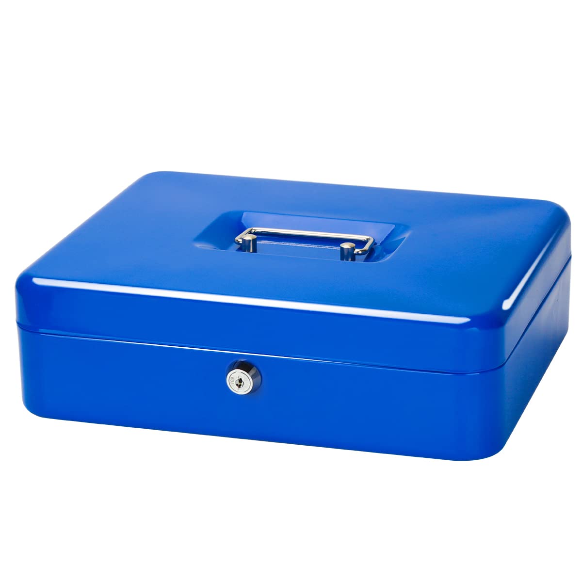 JssmstLarge Cash Box with Key Lock - Durable Metal Cash Box with Money Tray, 11.81 x 9.84 x 3.46 inches (X-Large, Blue)