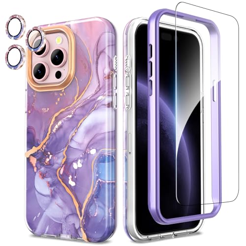 SHEDEER for iPhone 15 Pro Max Case with Glitter Camera Protector + Screen Protector, Chic Anti-Yellowing Pattern, Shockproof Drop Protection Anti-Scratch Phone Cover 15 Pro Max 6.7'', Violet