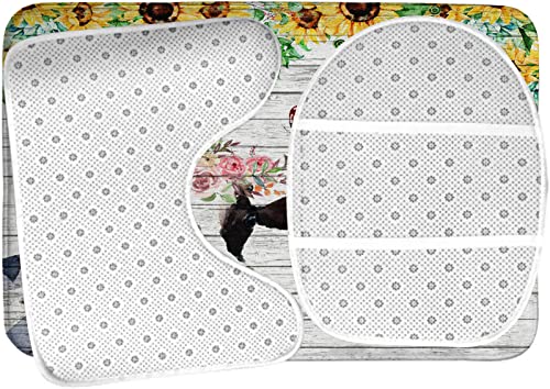 Badezimmerteppich-Set, 3-teilig, Bauernhaus-Kuh-Sonnenblumen, rustikaler Scheunenholz-Hintergrund, waschbare Badteppiche, rutschfest, mit Rückenpolster, Konturteppich und Toilettendeckelbezug – Bild 6