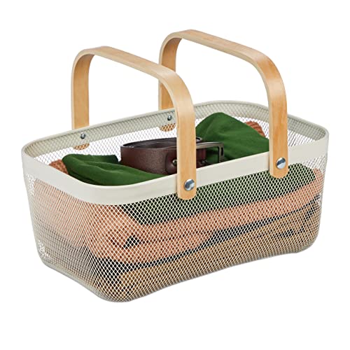 Relaxdays Panier rectangulaire, anses, Corbeille de Rangement, métal et Bois, panière ustensiles, Salle de Bain, Blanc