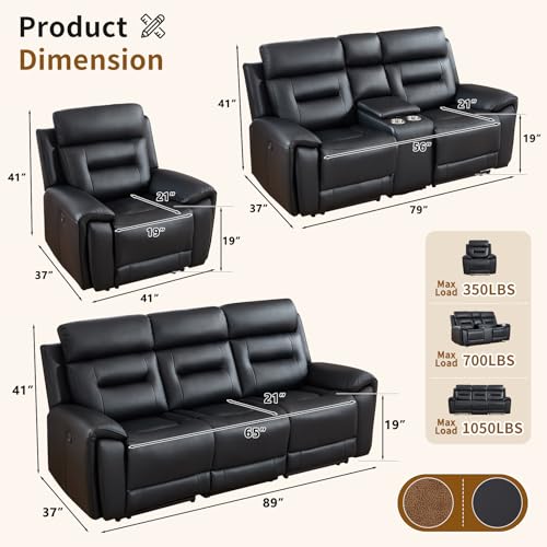 Image of ANJ 3-Piece Power Recliner Sofa Set with Charging Ports, Include Single Recliner Chair, 2-Seater Loveseat with Hidden Storage & Cup Holders and 3-Seater Reclining Couch for Living Room, Black