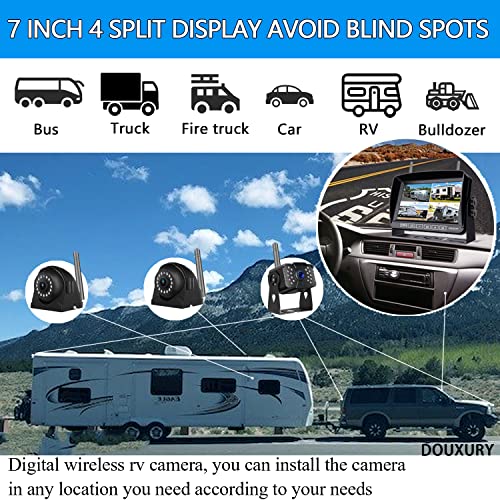 Image of Wireless Backup Camera for RV Truck Trailer Camper Bus 5th Wheel 3 Rear /Side View Cameras 1080P 4-Split 7 inch Screen with Adapter for Furrion Pre-Wired Night Vision IP69 Waterproof 170 Wide View Angle