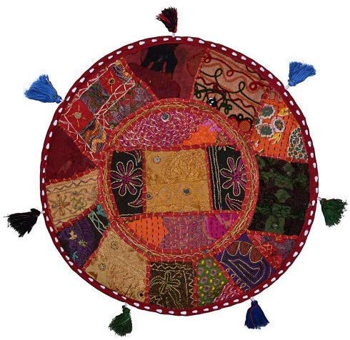 Sophia Art Round Floor Pillow Cushion Patchwork Pouf Ottoman Vintage Indian Foot Stool Bean Bag Floor Pillow Cover Home Decor Living Room Ottoman Bohemain Pillows (Alteration Multi, 22 Inch)