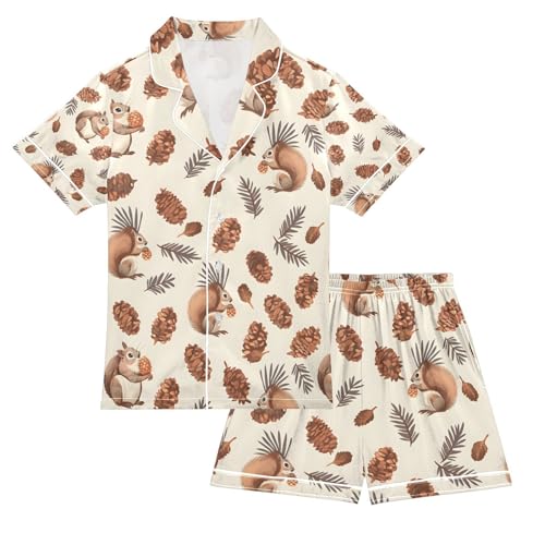 senya Squirrel Eat Pine Nuts Satin Summer Pajama Sets Silk Short Sleeve Button Down Sleepwear