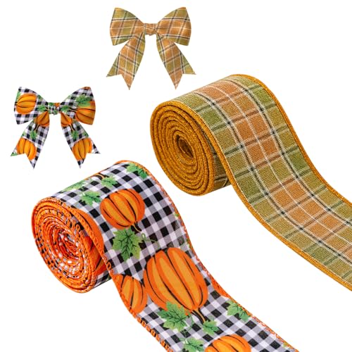 2 Rolls Fall Ribbon Wired 2.5 inch 12 Yard Fall Ribbon for Wreaths Wreath Making Supplies Thanksgiving Decorations Autumn Pumpkin Plaid Wired Ribbons Thanksgiving Craft Wreath Crafting