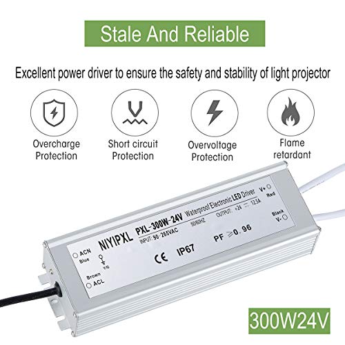 Image of LED Driver 300 Watts(150W X2) 24V DC Transformer, Waterproof IP67 Power Supply, 24V DC Low Voltage Output Adapter with 3-Prong Plug 3.3 Feet Cable for LED Light, Computer Project, Outdoor Light