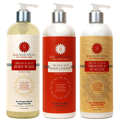 Spa Destinations TRIO 16 ounce - Argan & Acai Body Wash, Argan & Acai Body Lotion and Argan & Acai Smooth & Sunless Gradual Bronzer