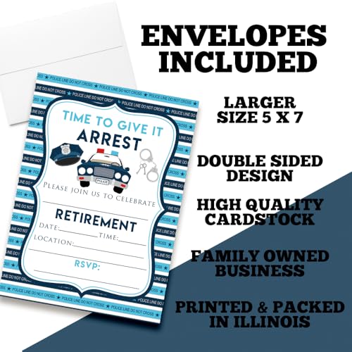 Amanda Creation Police Retirement Party Invitations - 20 Fill-In Cards Law Enforcement Themed Retirement Invites with Twenty White Envelopes - 5x7 Double Sided Cards