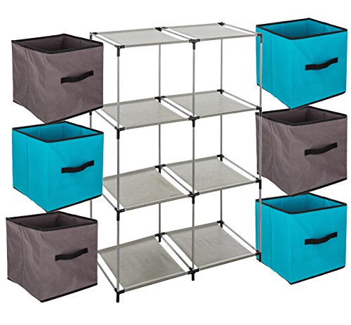ID SPACE Ensemble de 7 pièces : 1 Meuble de Rangement étagère casier + 6 Boîtes de Rangement tiroirs - Coloris Taupe et Bleu Turquoise