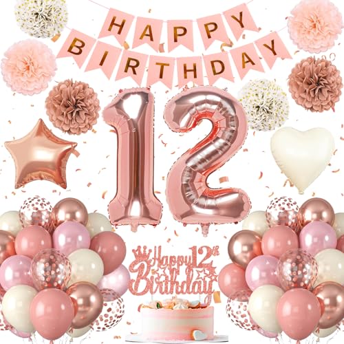 Decoration Anniversaire 12 ans，Ballon Anniversaire 12 An，Or Rose Deco Anniversaire 12 ans fille，Banderole Joyeux, Ballons de Baudruche Rose Gold pour Filles