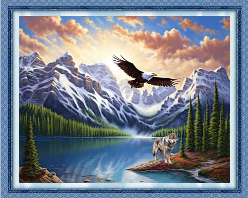 Image of Dimensean Stamped Cross Stitch Kits Full Range of Embroidery Patterns Starter Kits for Beginners Adult DIY Cross Stitches Needlepoint Kits 11CT-Mountain River Forest Eagle 16x20 inch