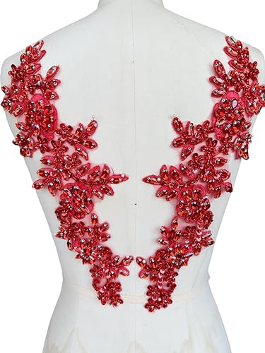 Handmade Rhinestones on lace Applique Sewing Beads Sequins Trim Patches for Wedding Dress Accessories 1 Pair/Bag (Red)