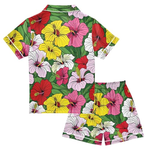 Multicolor Hibiscus Summer Pajamas Set Soft Satin Pjs Sets 2 Piece Short Sleeve Sleepwear Casual Clothes2