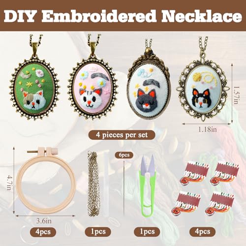 Image of ZOCONE New 4 Packs Embroidery Necklace Kits, Embroidery Pendant Kit Mini Cross Stitch Kit with Hoop, Necklace, Pendant, Stamped Pattern Cloth, Instructions, etc., Embroidery Kits for Adults