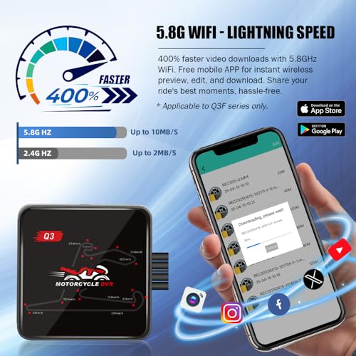VSYSTO Q3 Pro Motorcycle Dash Cam 5G WiFi with 1080P Front & Rear Waterproof Cameras, Supports Parking Mode and 512GB