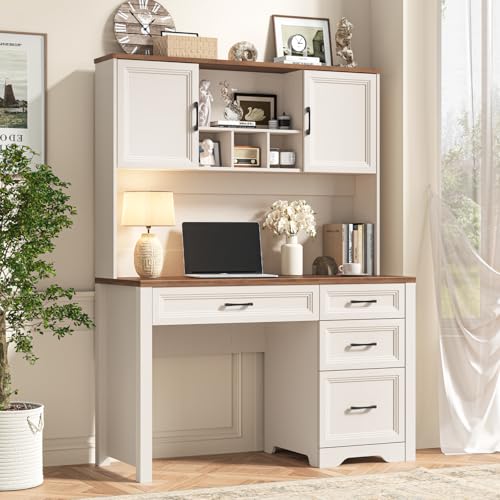 Image of Vabches Farmhouse Executive Desk with 4 Drawers and Storage Cabinet, Rustic Large Home Writing Desk with Hutch, Workstation for Bedroom, White