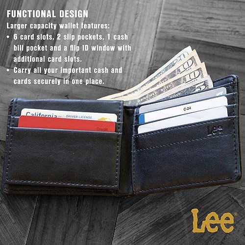 Lee Men’s Bifold Extra Capacity Wallet Casual Everyday Minimalist Cash and Card Holder with Flip ID Window Pass Case (Black)2
