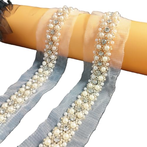 LDDGZS 2cm Woven Pearl Embroidery lace, Flash Diamond DIY Clothing Collar Sleeves Pearl Piping Decorative Strip, Dress, Fashion Clothing Decorative Accessories.(2yards) (White)