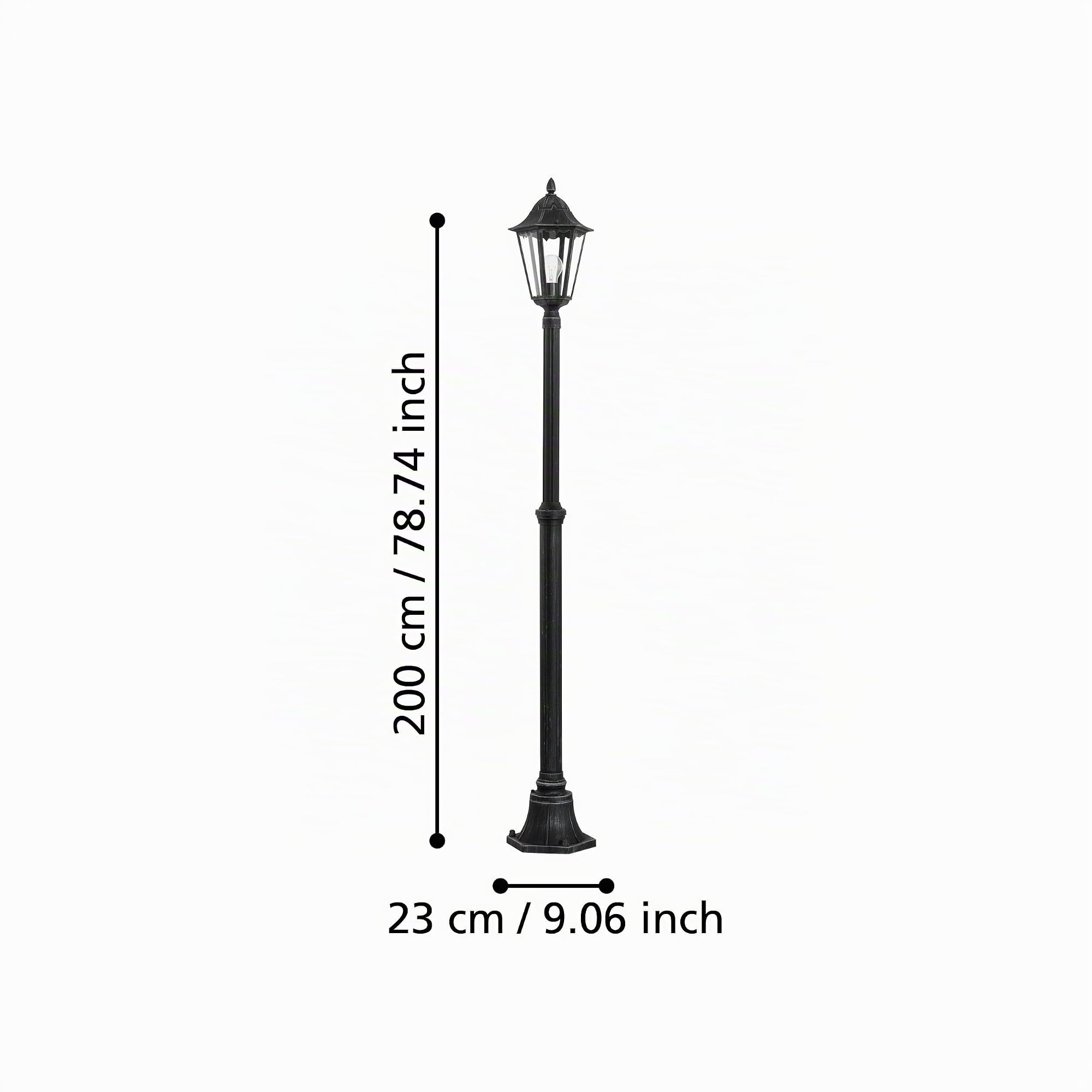 Eglo Lámpara de pie de exterior Navedo, luz de exterior de 1 foco, lámpara de pie de aluminio fundido y cristal, color negro, plata-patina, portalámparas E27, altura 200 cm, IP44