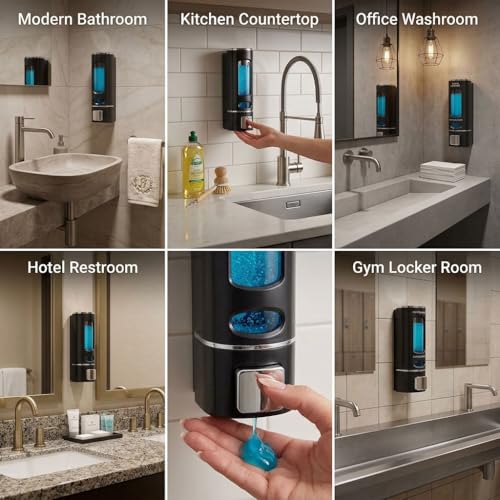 Image of Wall-Mounted Soap Dispenser 400ml with Adhesive Hook, No-Drill ABS Plastic Dispenser for Kitchen, Bathroom, Hand Wash, Shower Gel, Sanitizer Capsule Design Black