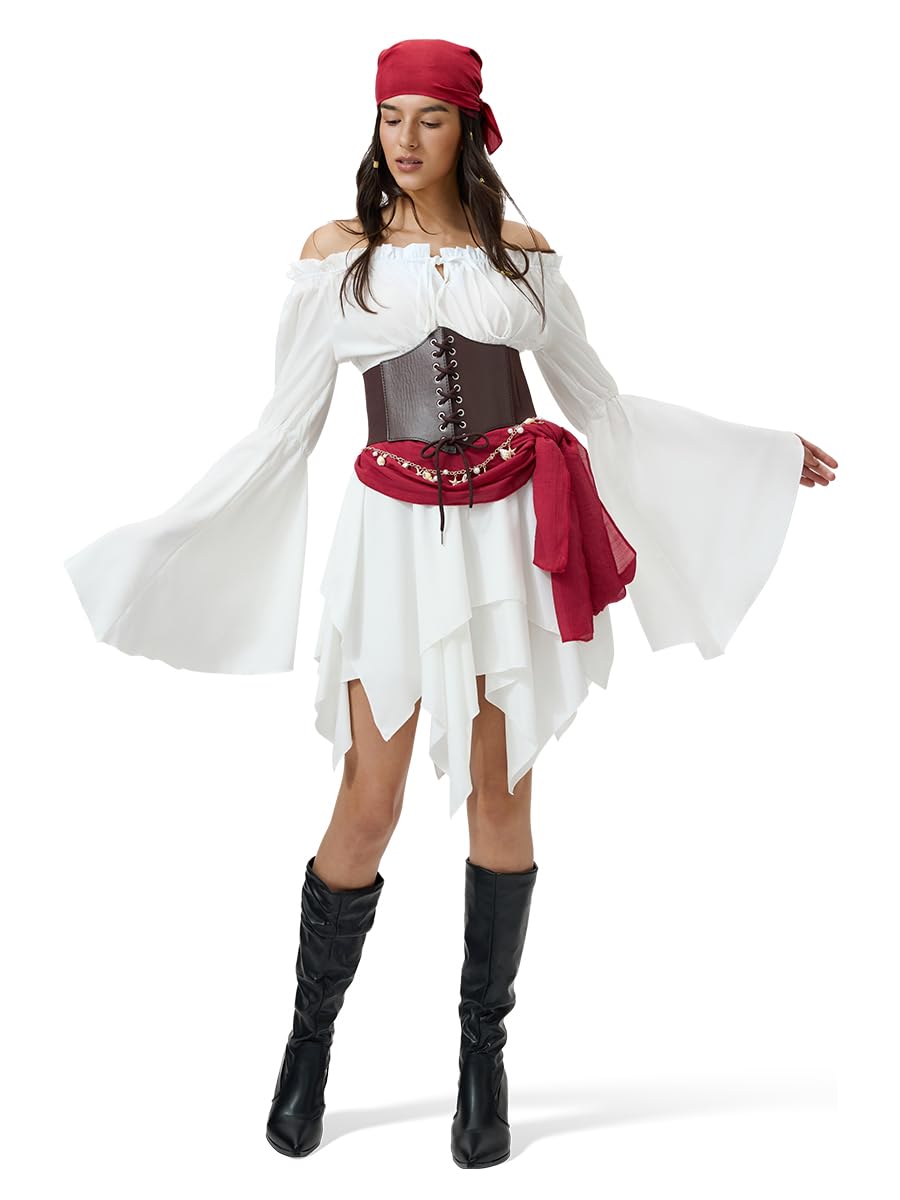 Disfraz Pirata Mujer Completo, Vestido Off Shoulder con Doble Capa + Corsé Ajustable + Pañuelo y Faja + Cadena Dorada y 40 Cuentas Trenzas para Carnaval y Fiestas