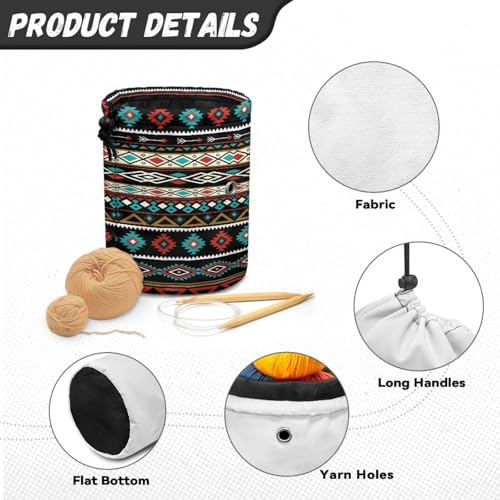Image of Black Aztec Yarn Bag Portable Yarn Holder for Crocheting Project Needles Accessories