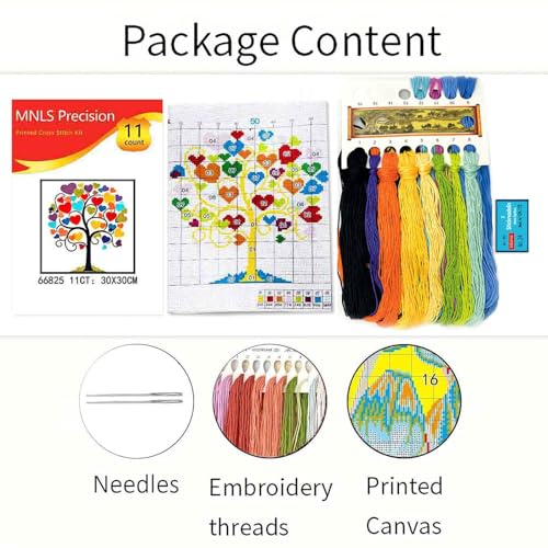 Image of Zhenqing Heart Tree Stamped Cross Stitch Kit for Beginners, 11CT Printed 11.8 x 11.8 Inch Colorful Love Tree Pattern with Threads, Needles and English Instructions, DIY Wall Decor Gift