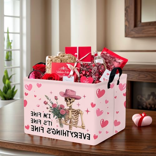 Image of Valentine's Day Basket Gift for Empty Cute Heart Large Storage Bin for Kid and Baby Room Decor (Pink Rose Skull Heart)