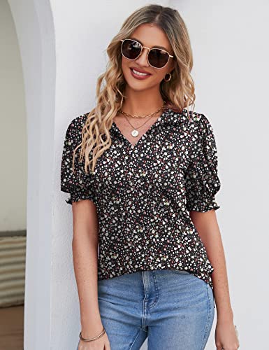 Micoson Women's Short Sleeve Tops And Blouses Business Casual Collared Tunic Shirt Stretch Cotton Polo Shirt, Black Floral L #TOP4