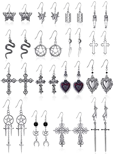 16 Pairs Gothic Spooky Earring Set | Metal Punk Y2K Silver Snake Butterfly Cross Evil Eye | Mystic Dangle Earrings for Halloween Night, Dark Retro Harajuku Punk Rock 2025