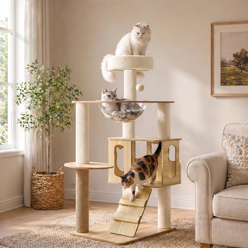 Torre para gatos madera moderna 46.5 pulg con juguete miniatura 1