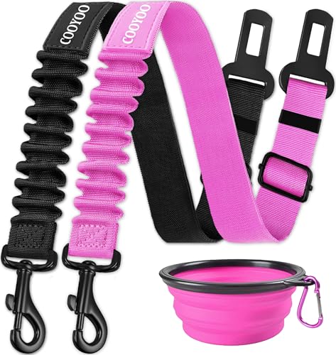 Image of COOYOO Dog Seat Belt,2 Packs Retractable Dog Car Seatbelts Adjustable Pet Seat Belt for Vehicle Nylon Pet Safety Seat Belts Heavy Duty & Elastic & Durable Car Harness for Dogs,Black & Pink