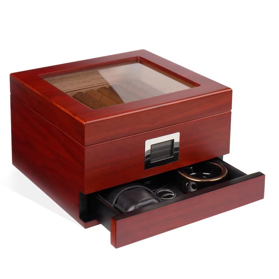 Premium Cedar-Wood Cigar Humidor - Holds 25-50 Cigars, Digital Hygrometer, Accessory Drawer