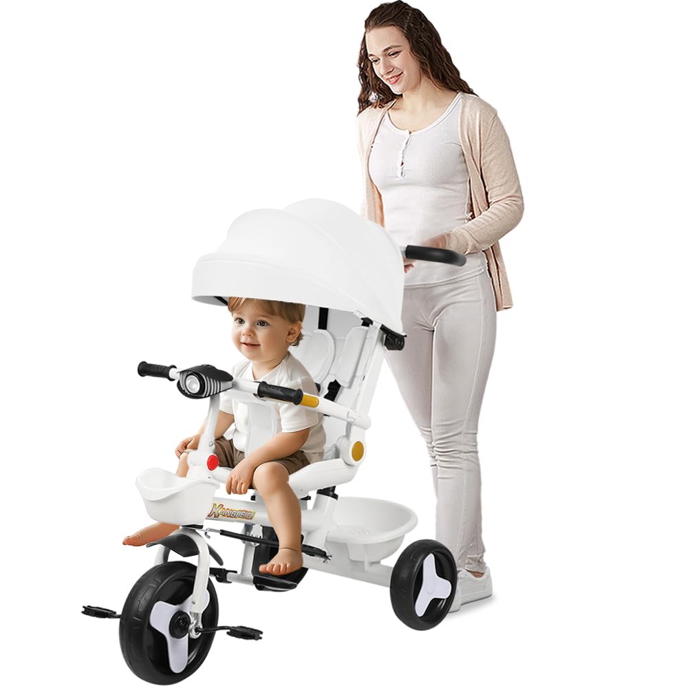Triciclo Evolutivo per Bambini, Triciclo 5 in 1 - Luci e musica, Seggiolino avvolgente, Seggiolino e inclinazione, Passeggino a 4 ruote, Protezioni rimovibili, Portabicchiere, Bianco