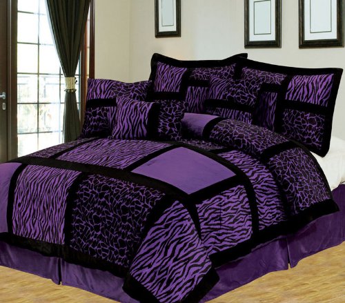 KingLinen 7 Piece Queen Safari Purple and Black Patchwork Micro Suede Comforter Set
