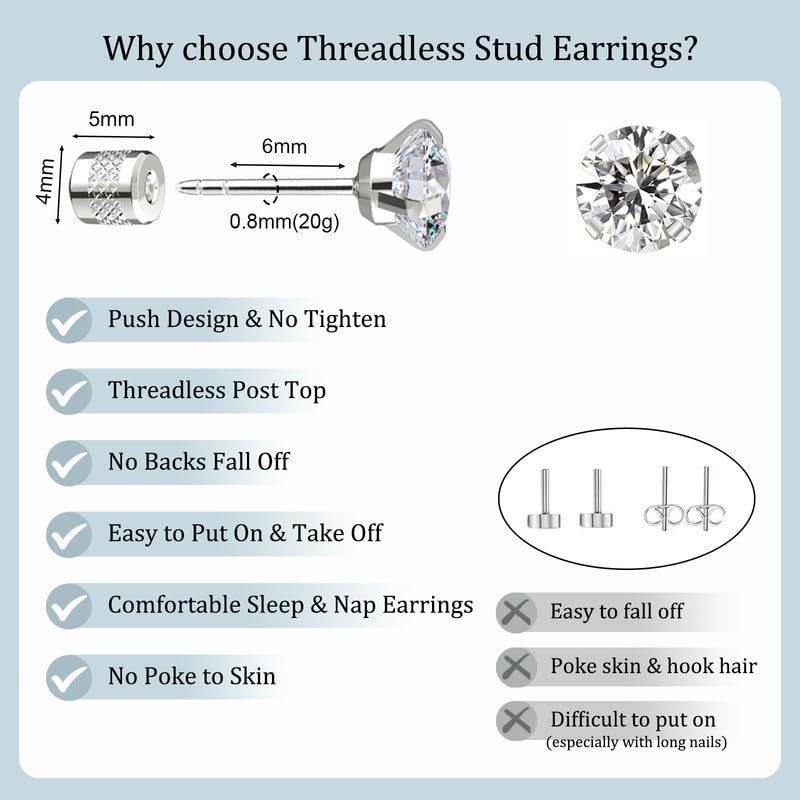 Titanium Earrings Push-in Threadless Flat Back Stud Earrings for Women Men, Cartilage Earring Hypoallergenic Cubic Zirconia Earrings Studs for Helix Tragus Piercing Jewelry2