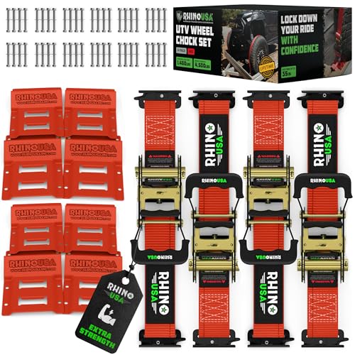 Rhino USA Wheel Chock Tie Down Kit (4 500lb Break Strength) (4) Heavy Duty Trailer Tire Ratchet Straps (8) Wheel Chocks - E Track System for ATV UTV Lawn Mower Four Wheeler - Red