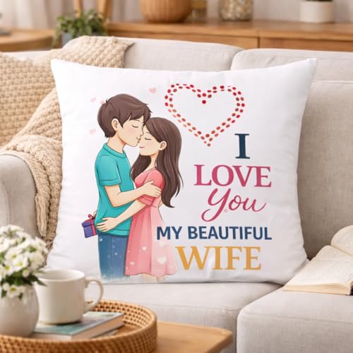 Image of Romantic Love Cushion for Wife & Husband - 16x16 Inch, for Anniversary, Birthday & Valentine's Day, Premium Filler - My Wife Love