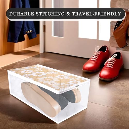 Image of Kuber Industries Shoe Cover | Waterproof Shoe Storage Bag | Travel Shoe Storage Bag | Side Visible Window Shoe Organizer | Shoe Protector Bag | Flower Quilted | Pack of 2 | Golden